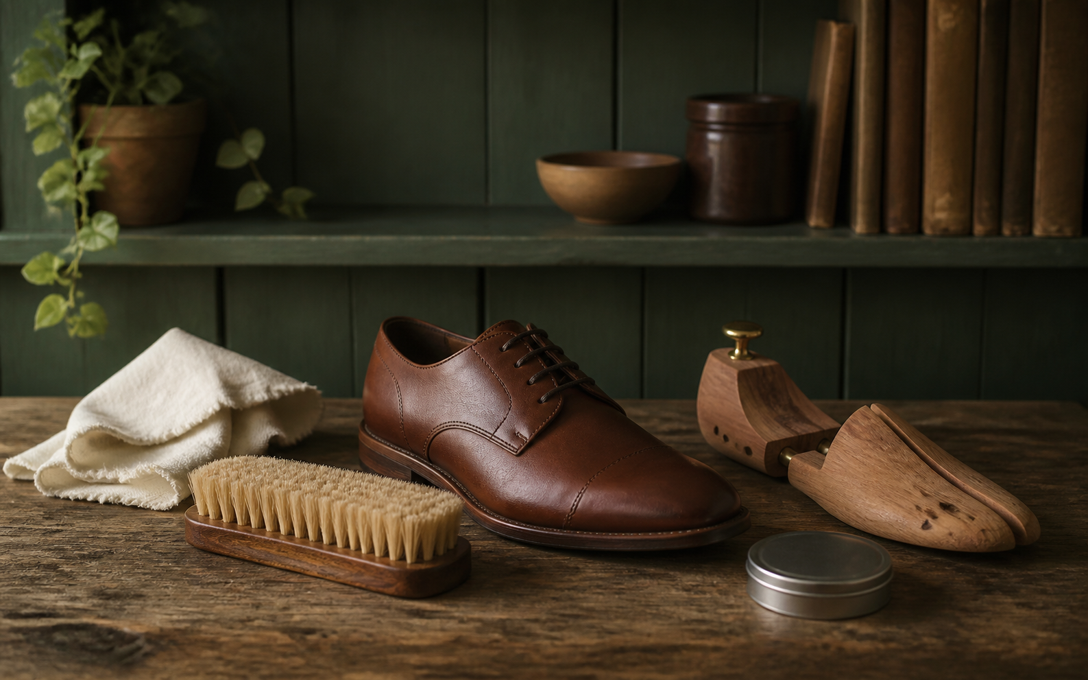 Zapato y herramientas ordenadas para una rutina de cuidado