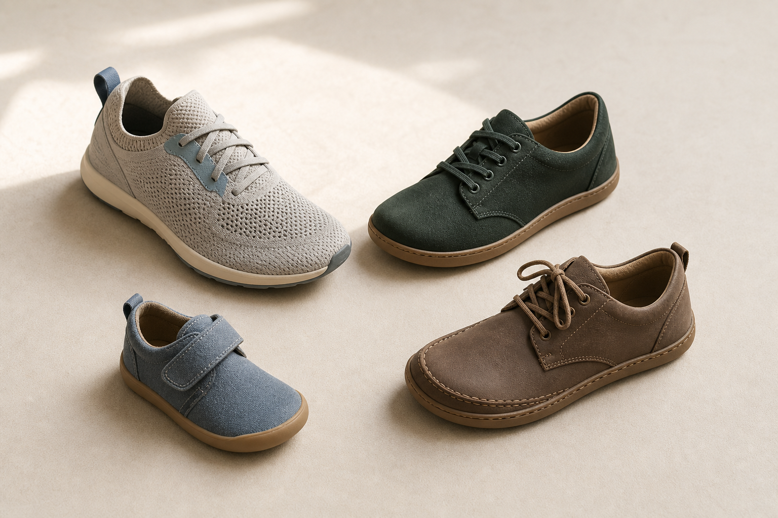 Cuatro modelos genéricos de calzado barefoot para running, moda, uso infantil y diario