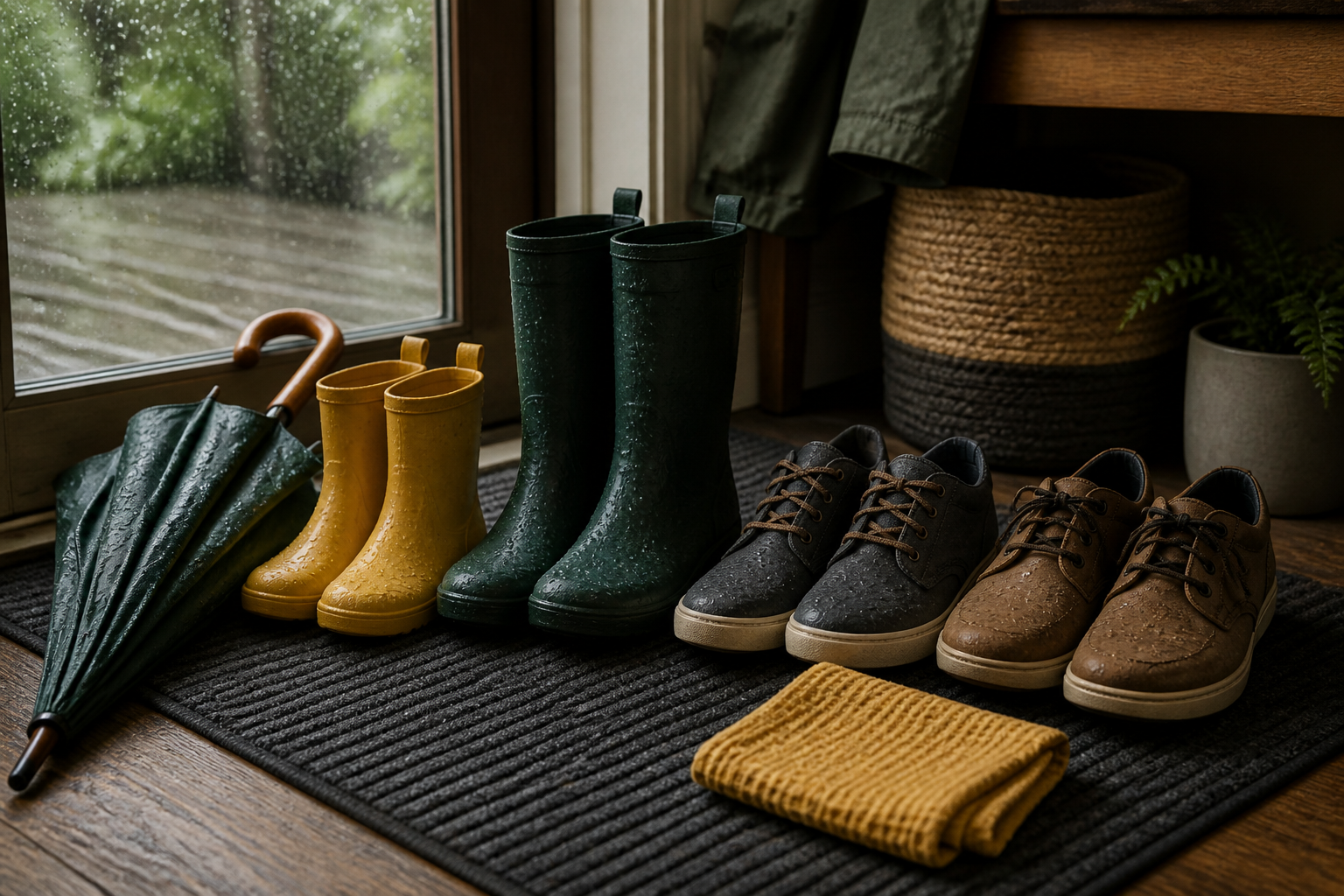 Botines junto a un paraguas y gotas de lluvia sobre el pavimento