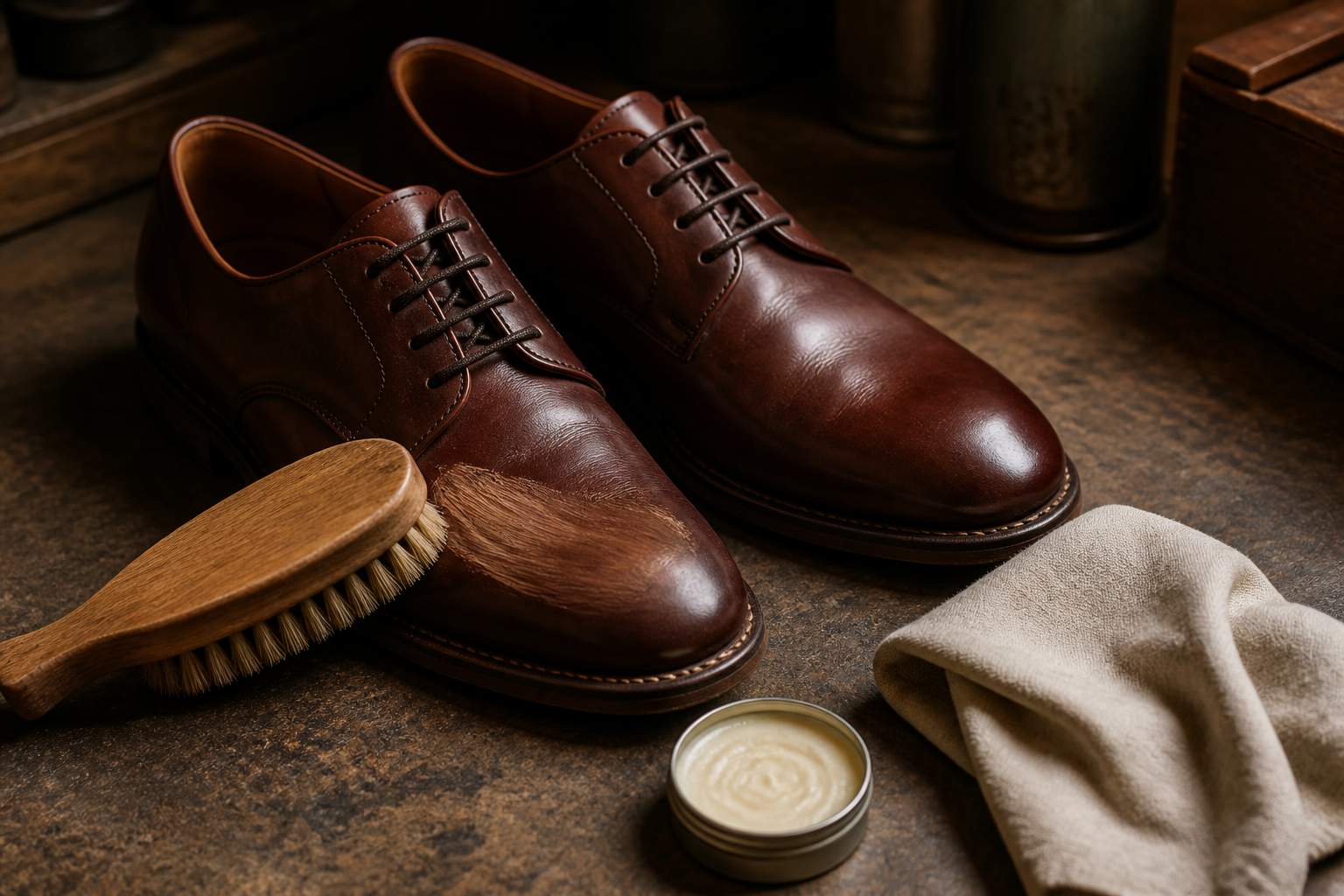 Zapatos de piel con cepillo, paño y hormas sobre una mesa