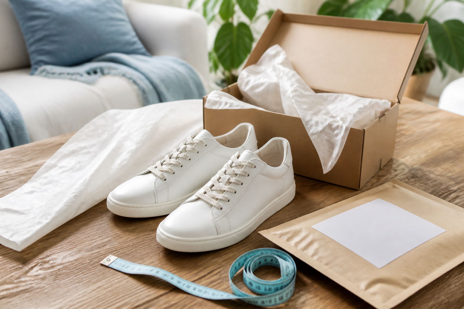 Caja de zapatos, etiqueta de devolución y teléfono con confirmación de pedido