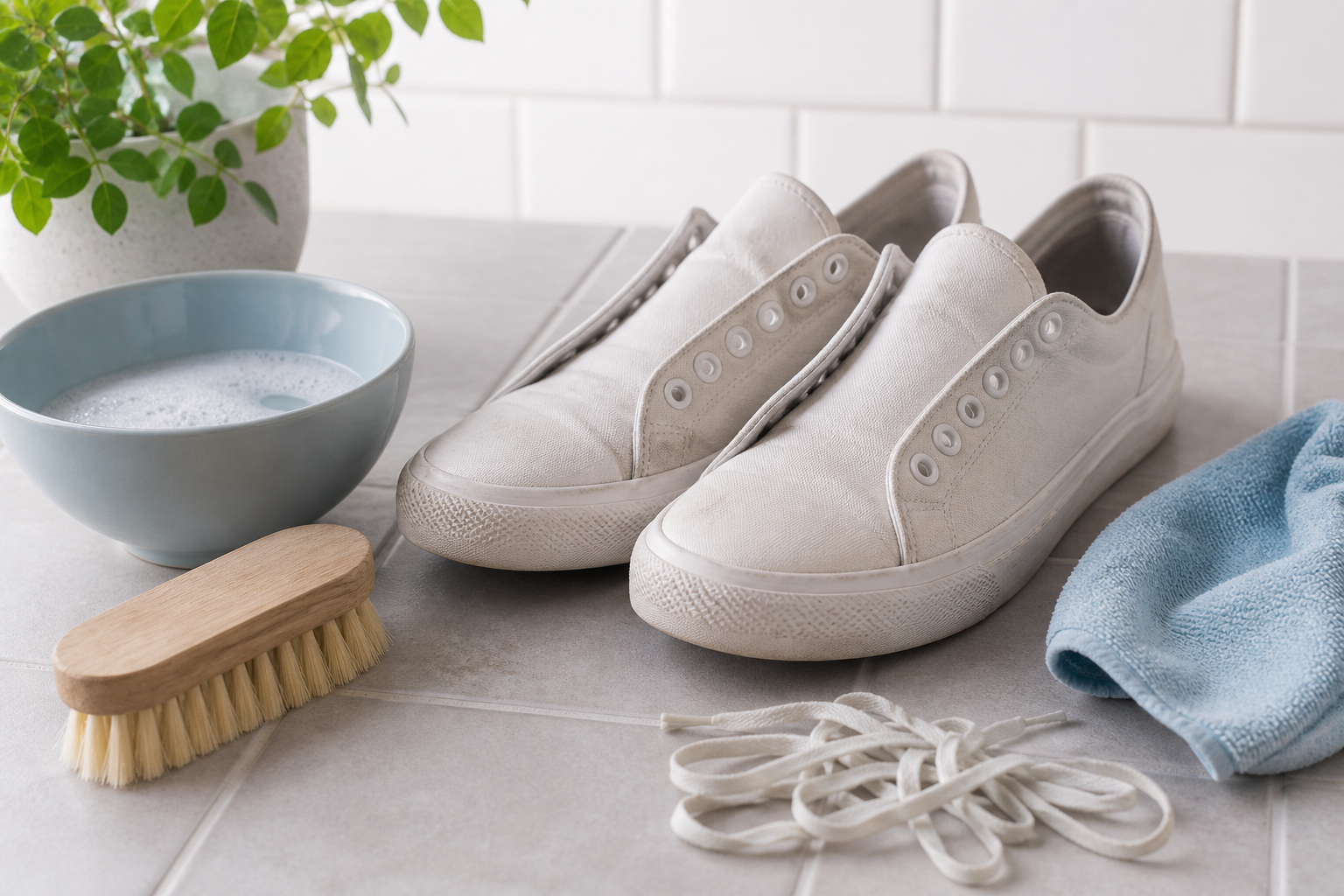 Zapatillas con cepillo suave, recipiente de agua y paños limpios