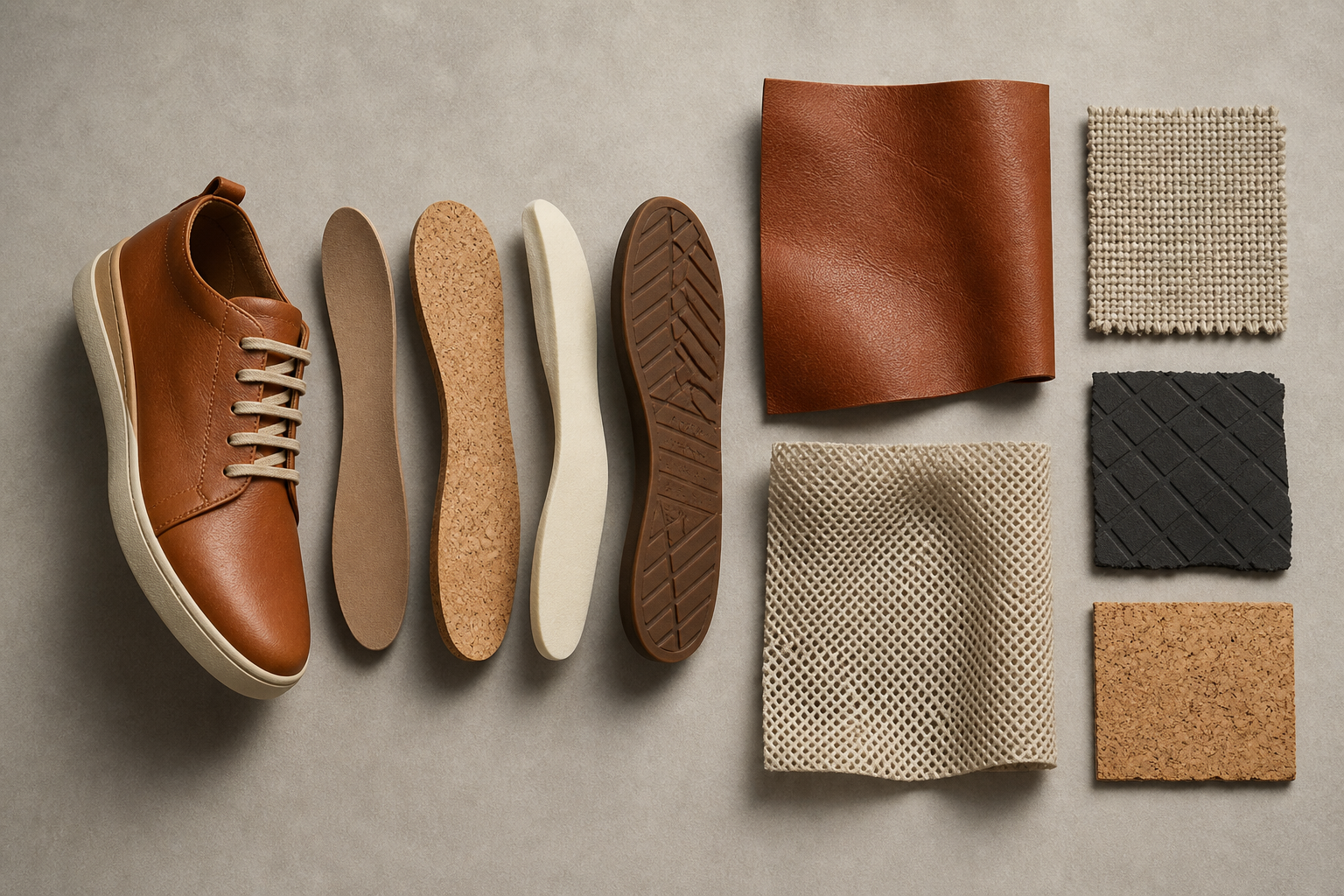 Muestras de cuero, textil y suela junto a un zapato