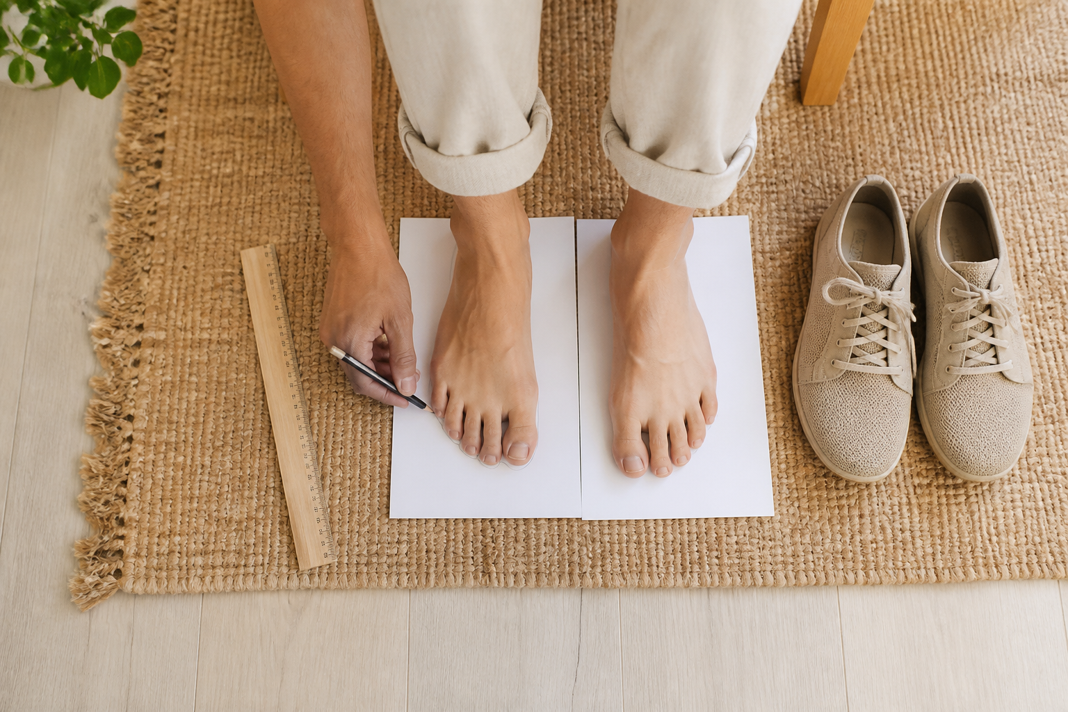Pies sobre papel junto a una regla, un lápiz y una cinta métrica