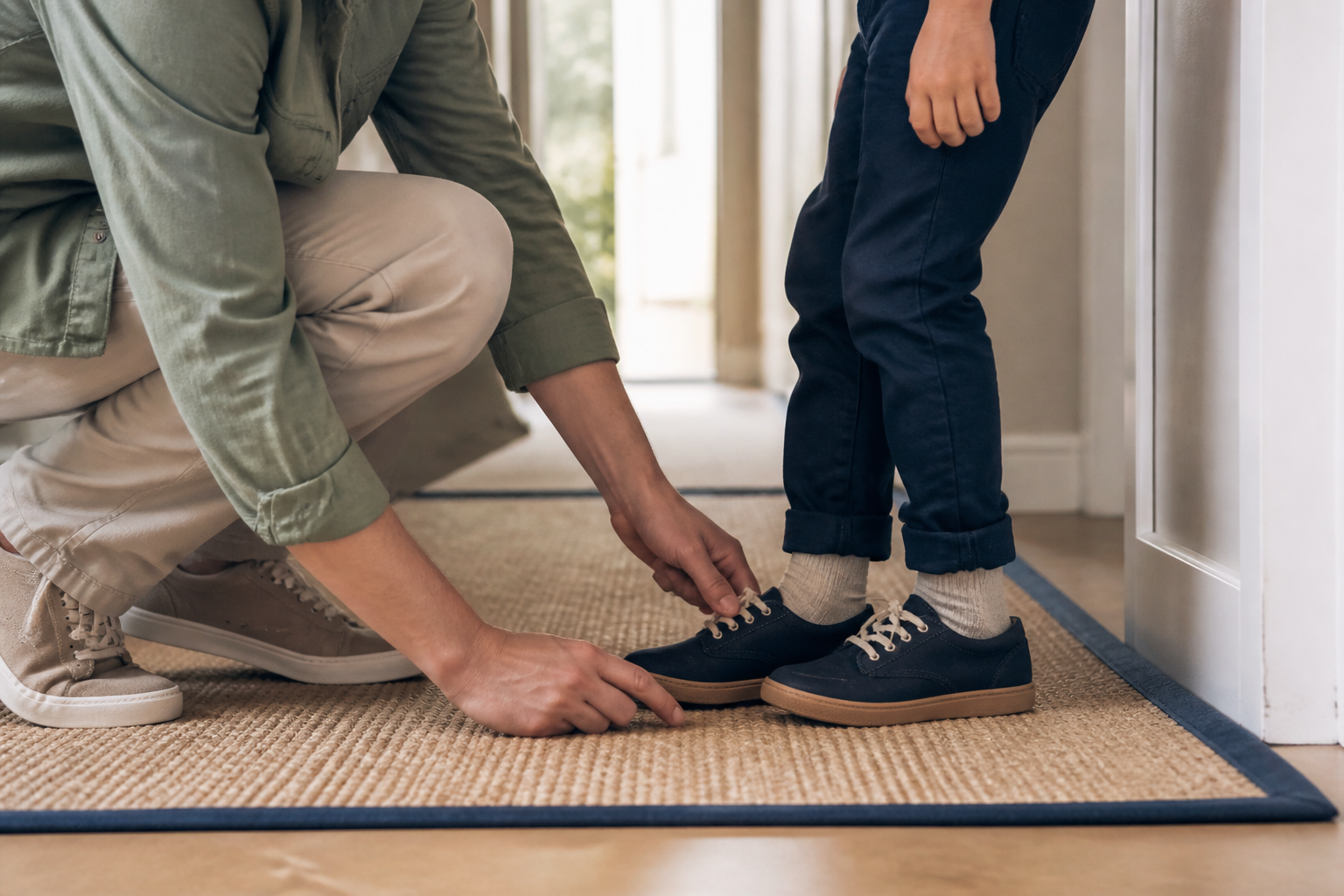 Primer par de zapatos infantiles flexibles junto a bloques de madera