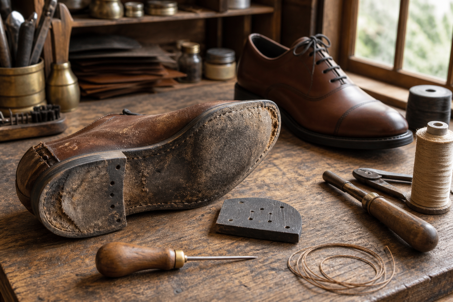 Zapato junto a herramientas de reparación y una lista de evaluación