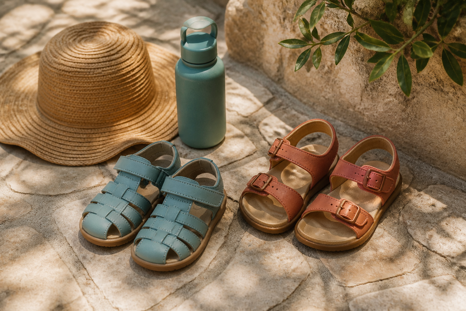 Sandalias infantiles junto a un sombrero y juguetes de playa