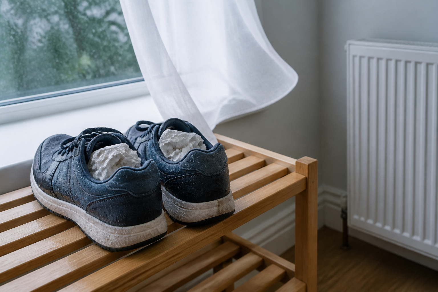 Zapatos mojados secándose con papel limpio en un espacio ventilado