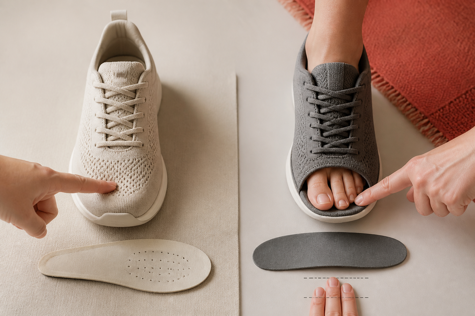 Zapatos y siluetas de pies con zonas de ajuste señaladas
