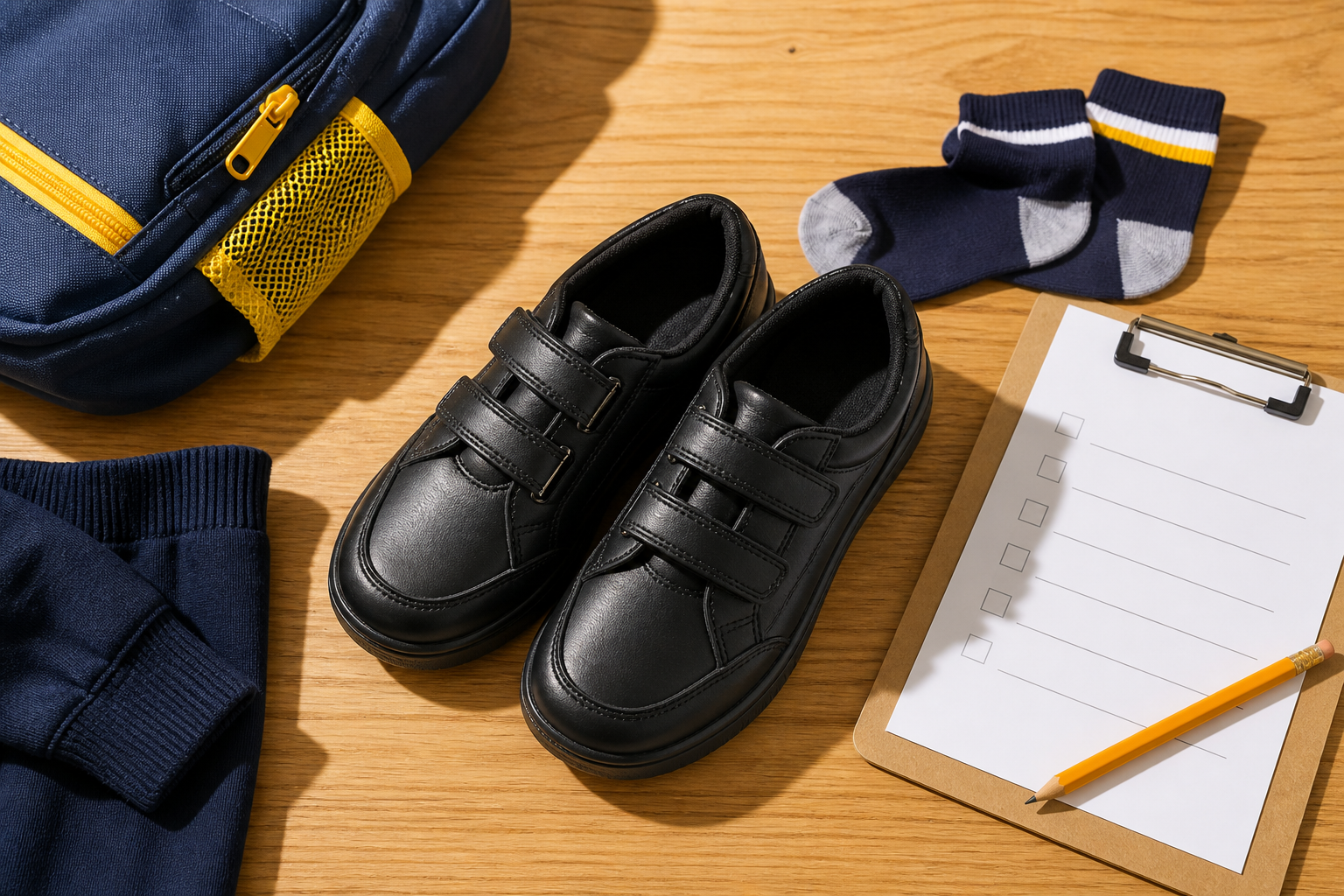 Zapatos escolares, mochila y cuaderno preparados para la jornada