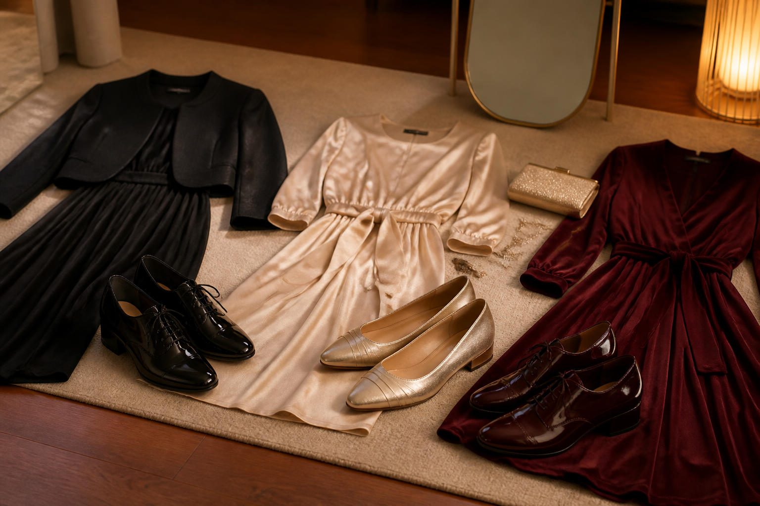 Zapatos de vestir preparados junto a una invitación y accesorios